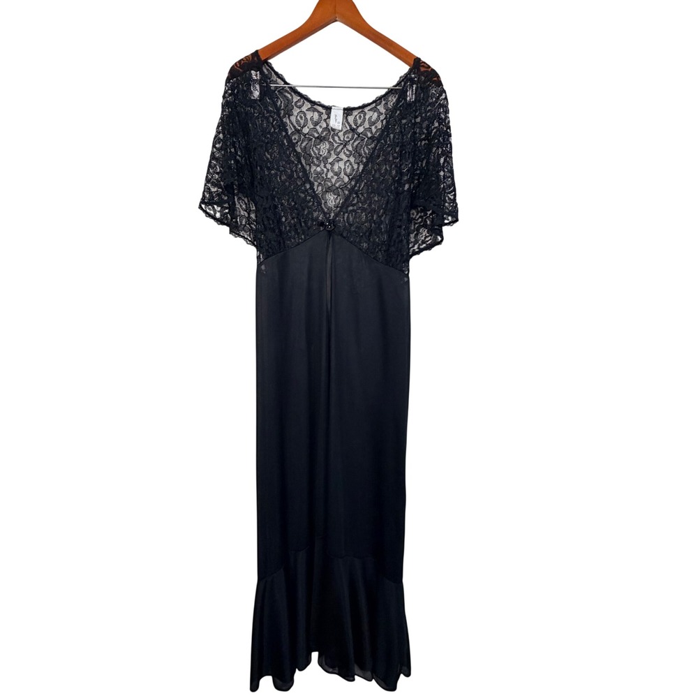 Tres Chic Vintage Black Lace Maxi Nightgown Dress Flutter Sleeve Ruffle Hem 3X